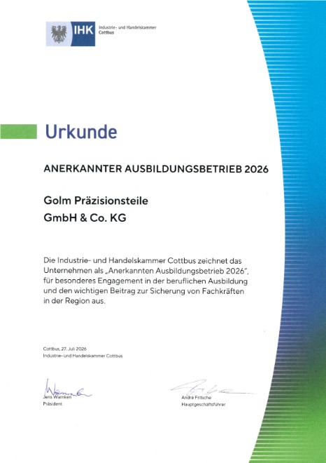 Urkunde Anerkannter Ausbildungsbetrieb 2026 – IHK Cottbus